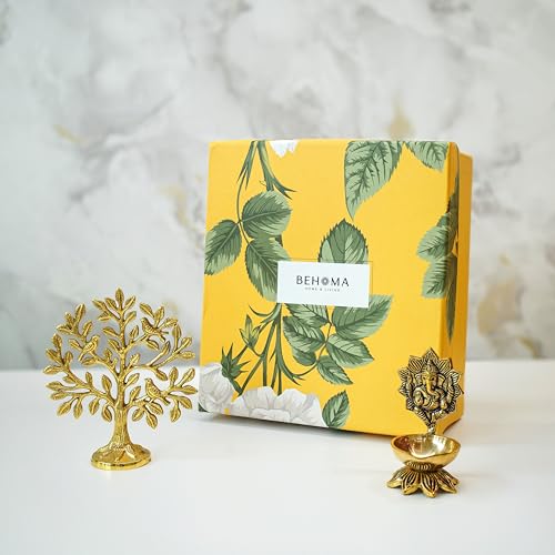 BEHOMA 100% Pure Brass Spiritual Gift Set of Ganesh Diya for Pooja & Kalpavriksh Tree of Life Showpiece for homr décor | Vastu Fengshui Decor Items for Good Luck | House Warming & Wedding Gift - Image 1