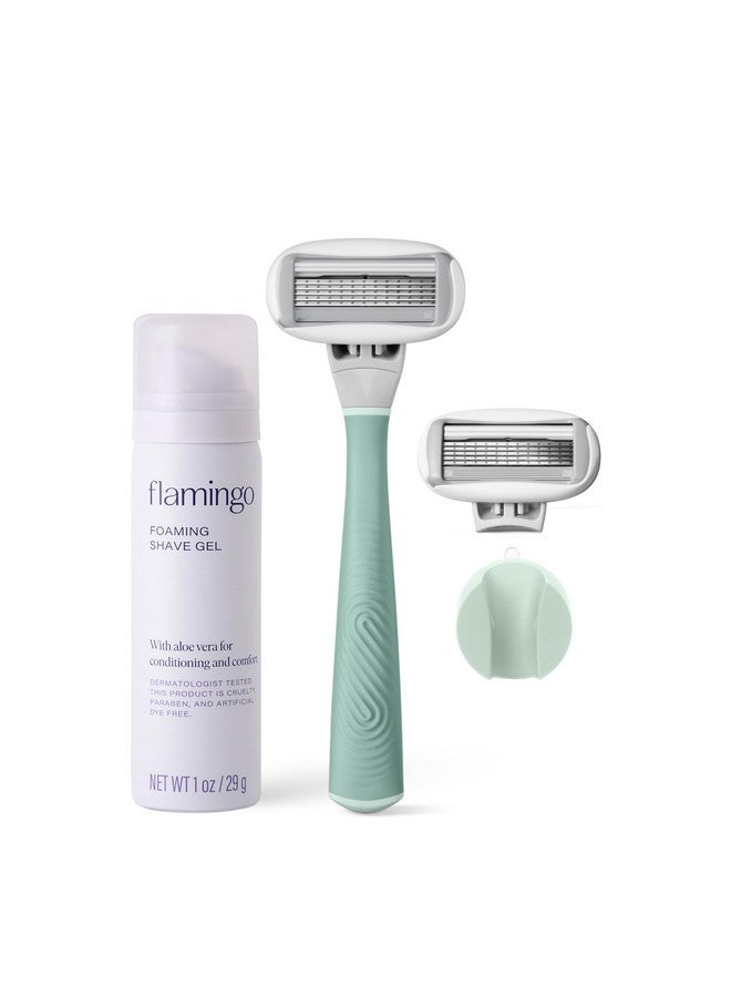 Flamingo Razors For Women Shave Set, 1 Women'S Razor Handle (Sage), 2 Razor Five-Blade Refills, 1 Oz. Foaming Shave Gel, And 1 Shower Holder - Image 1