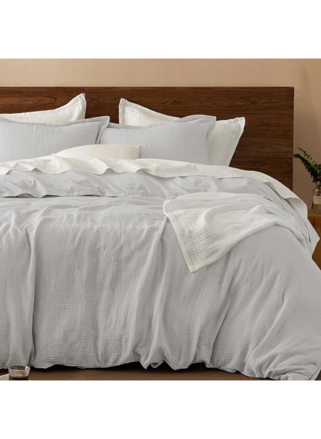 PHF 100% Cotton Muslin Duvet Cover Set Queen Size, Breathable Linen Like Guaze Textured Bedding Comforter Cover Set 3 Pieces for All Season, Soft Duvet Cover with 2 Pillow Shams, 90"x90", Light Grey - Image 1