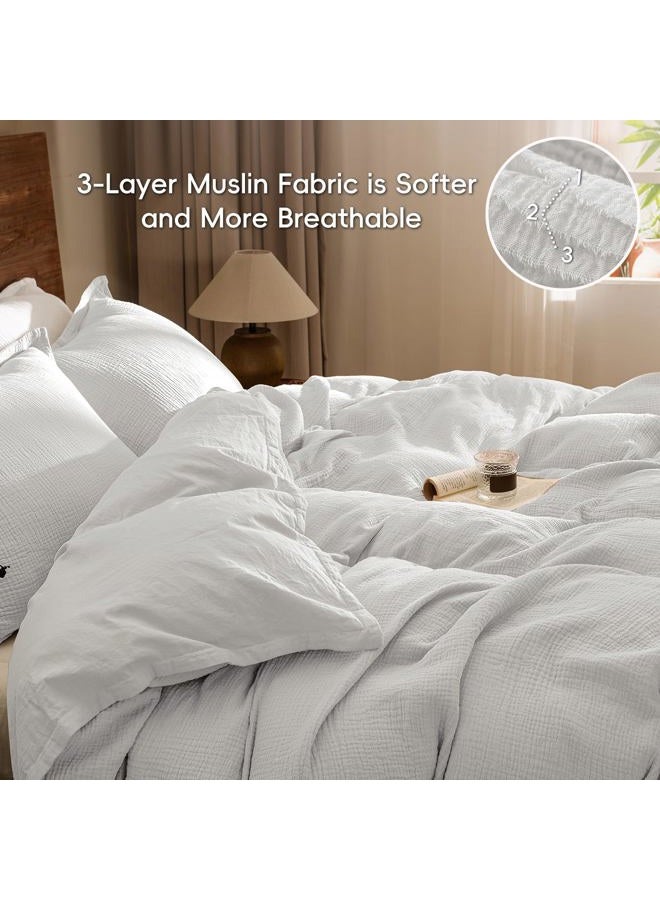 PHF 100% Cotton Muslin Duvet Cover Set Queen Size, Breathable Linen Like Guaze Textured Bedding Comforter Cover Set 3 Pieces for All Season, Soft Duvet Cover with 2 Pillow Shams, 90"x90", Light Grey - Image 3