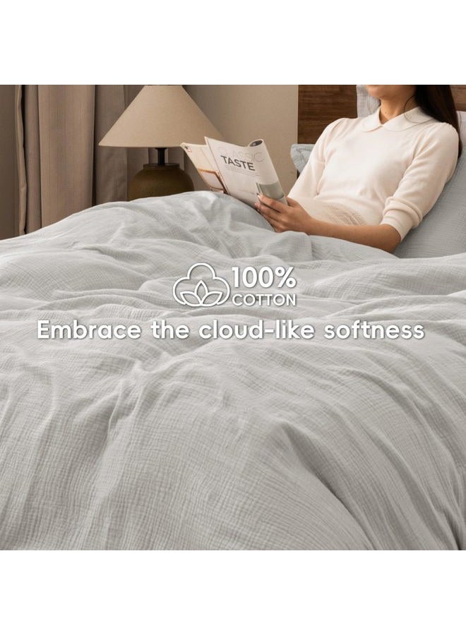 PHF 100% Cotton Muslin Duvet Cover Set Queen Size, Breathable Linen Like Guaze Textured Bedding Comforter Cover Set 3 Pieces for All Season, Soft Duvet Cover with 2 Pillow Shams, 90"x90", Light Grey - Image 2