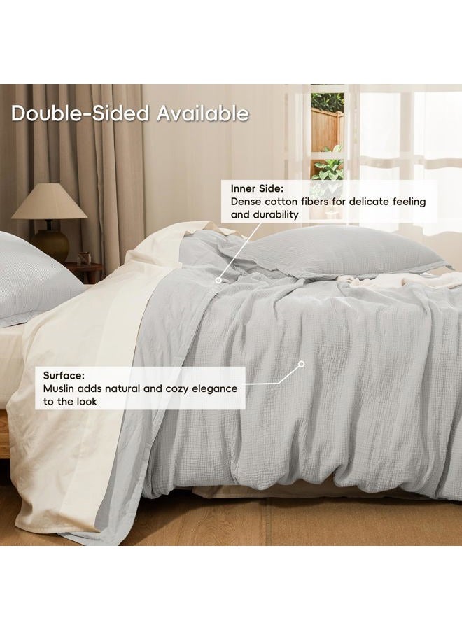 PHF 100% Cotton Muslin Duvet Cover Set Queen Size, Breathable Linen Like Guaze Textured Bedding Comforter Cover Set 3 Pieces for All Season, Soft Duvet Cover with 2 Pillow Shams, 90"x90", Light Grey - Image 4