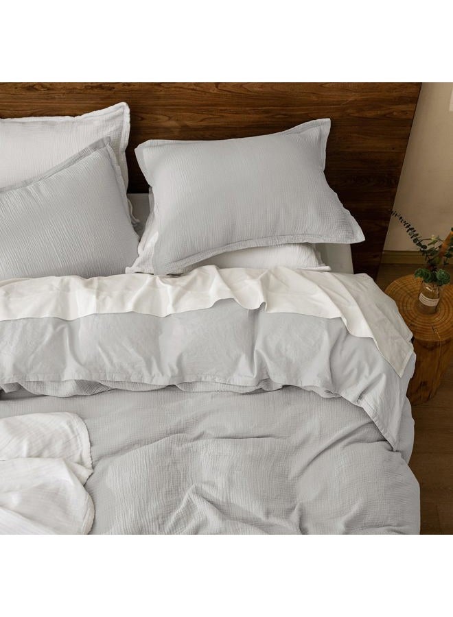 PHF 100% Cotton Muslin Duvet Cover Set Queen Size, Breathable Linen Like Guaze Textured Bedding Comforter Cover Set 3 Pieces for All Season, Soft Duvet Cover with 2 Pillow Shams, 90"x90", Light Grey - Image 5