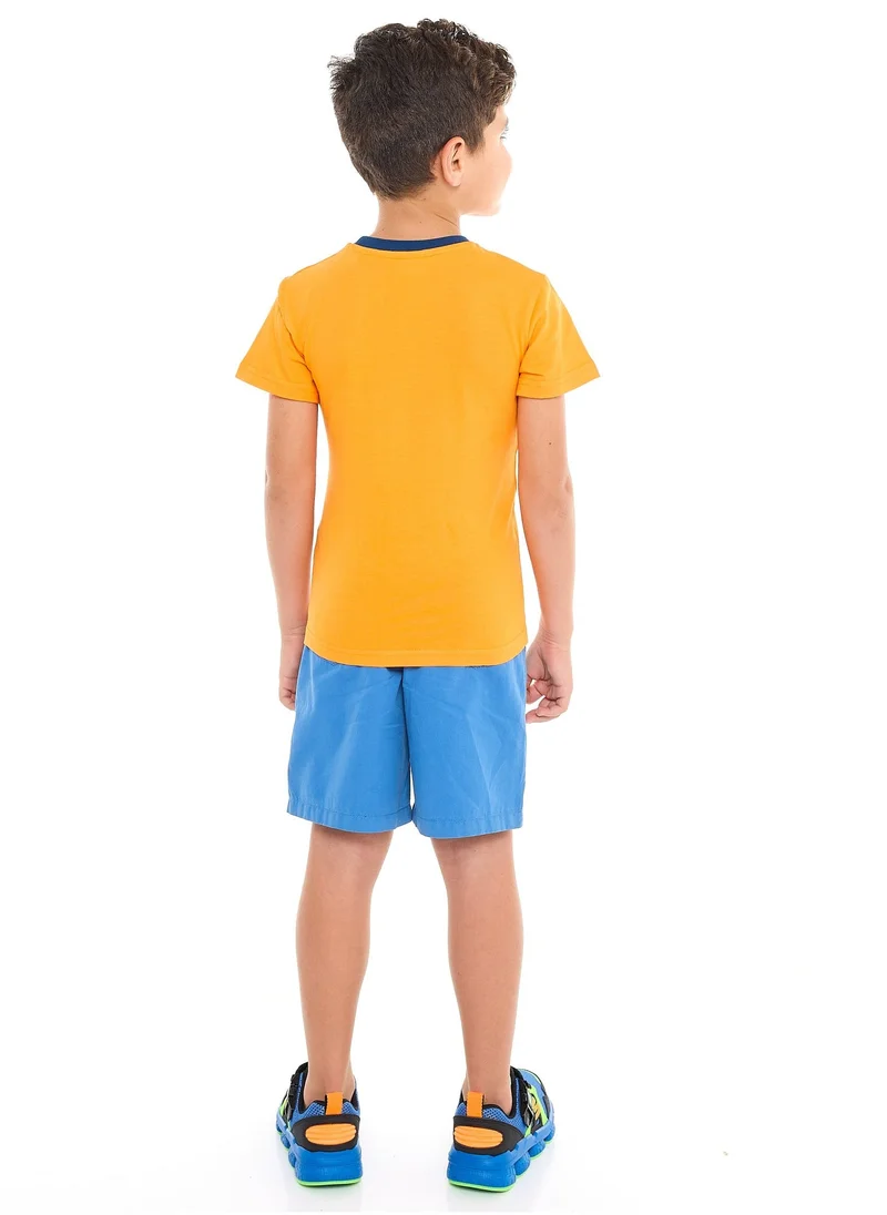 فكتور اند جين طقم تي شيرت وسروال قصير من القطن الكلاسيكي باللونين الأزرق والبرتقالي من فيكتور وجين