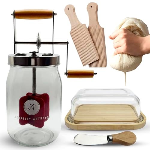 SIMPLIFY ASTHETIC Butter Churner Set – Includes Glass Dish with Lid, Cheesecloth, Wooden Paddles & Knife Spreader – Butter Churn - Make Homemade Butter Fast & Easy - Image 1