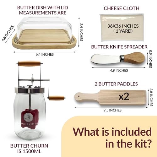 SIMPLIFY ASTHETIC Butter Churner Set – Includes Glass Dish with Lid, Cheesecloth, Wooden Paddles & Knife Spreader – Butter Churn - Make Homemade Butter Fast & Easy - Image 2