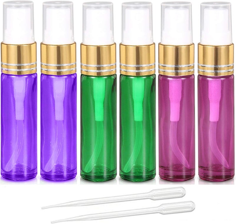 6Pcs 10ml Empty Glass Spray Bottles with Golden Fine Mist Sprayers Travel Atomiser Refillable Portable Container Includes 2 Droppers for Essential Oils Perfume or Night Out Fragrance