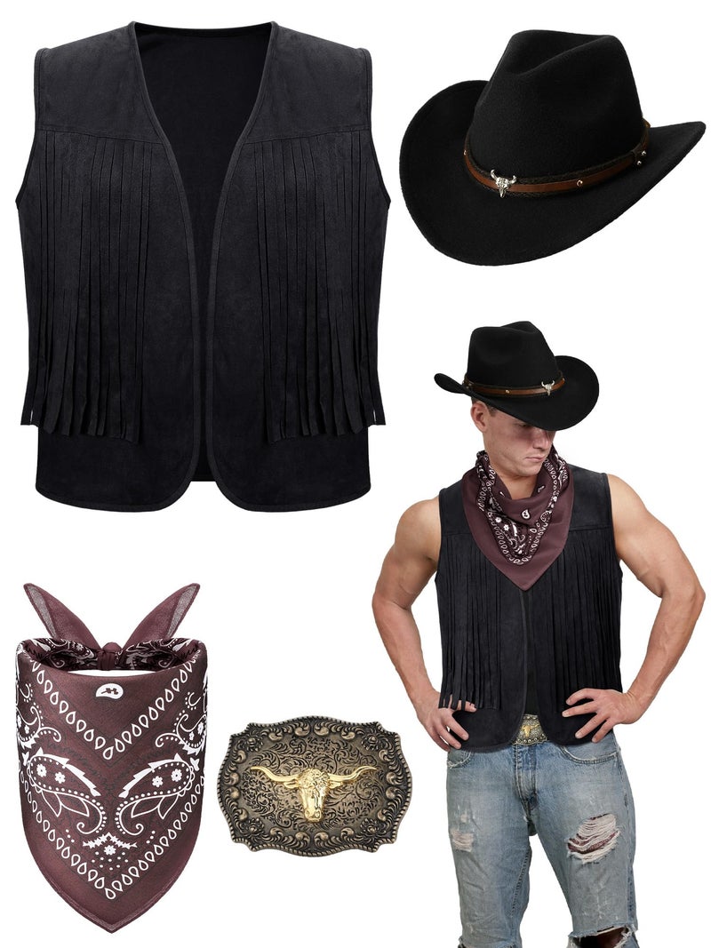 Toulite 4 Pcs Western Outfits for Men Cowboy Tassel Vest Hat Belt Buckle Paisley Bandana for Halloween Cosplay (Black, Black, Coffee,Large) - Image 5