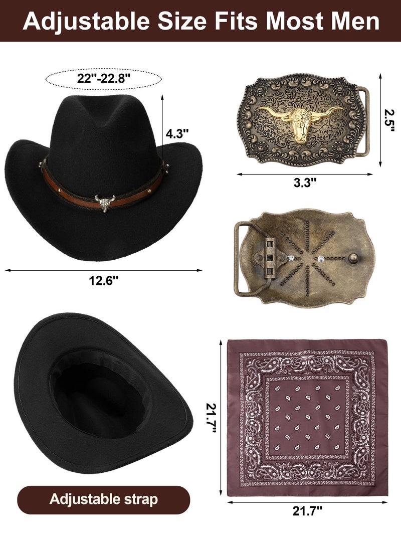 Toulite 4 Pcs Western Outfits for Men Cowboy Tassel Vest Hat Belt Buckle Paisley Bandana for Halloween Cosplay (Black, Black, Coffee,Large) - Image 3