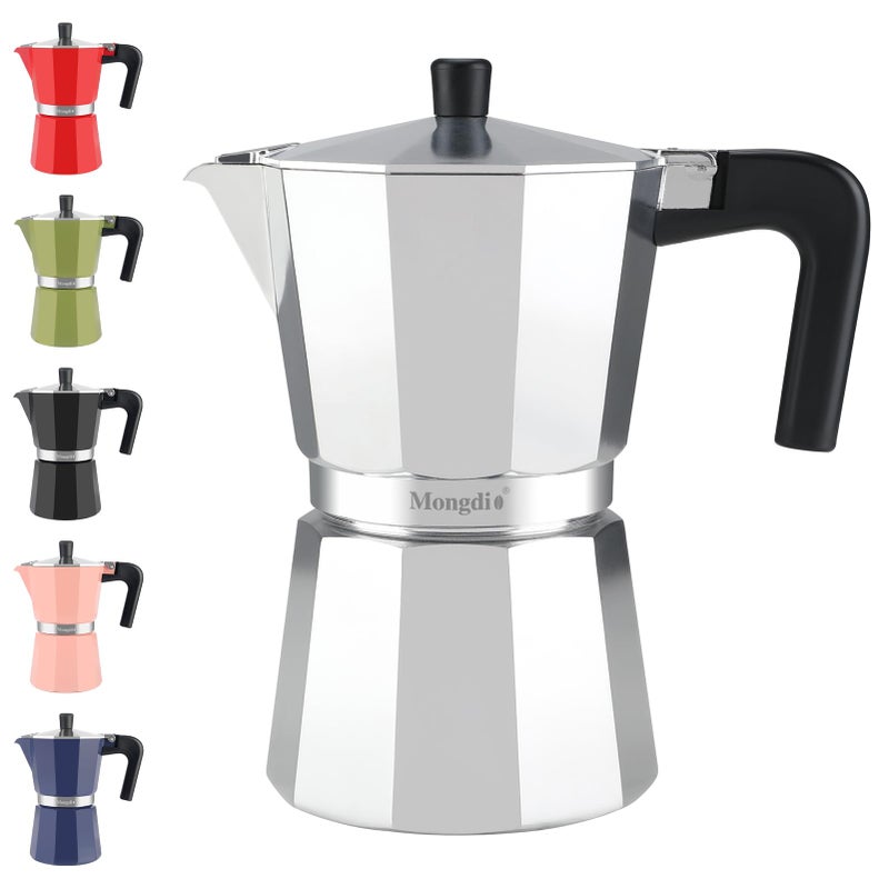 Mongdio Stovetop Espresso Maker Moka Pot, Stove Top Cuban Coffee Maker, Italian Greca Mocha Pot, 6 Espresso Cups, 10 oz - Silver - Image 1
