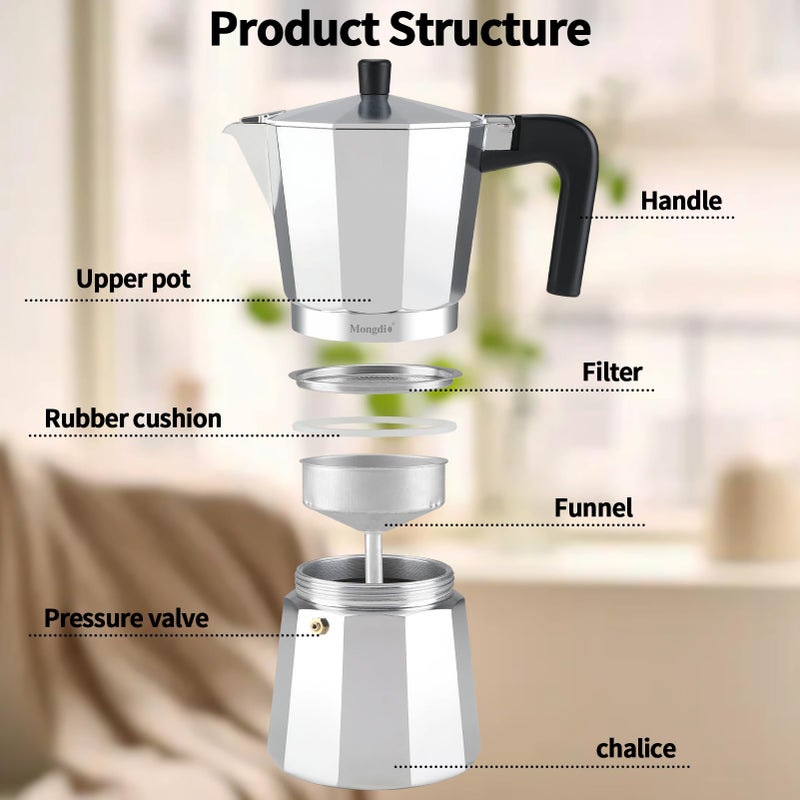 Mongdio Stovetop Espresso Maker Moka Pot, Stove Top Cuban Coffee Maker, Italian Greca Mocha Pot, 6 Espresso Cups, 10 oz - Silver - Image 3