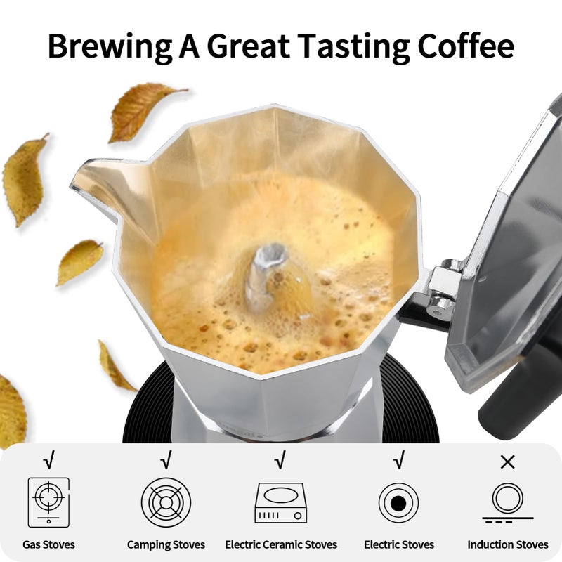 Mongdio Stovetop Espresso Maker Moka Pot, Stove Top Cuban Coffee Maker, Italian Greca Mocha Pot, 6 Espresso Cups, 10 oz - Silver - Image 4