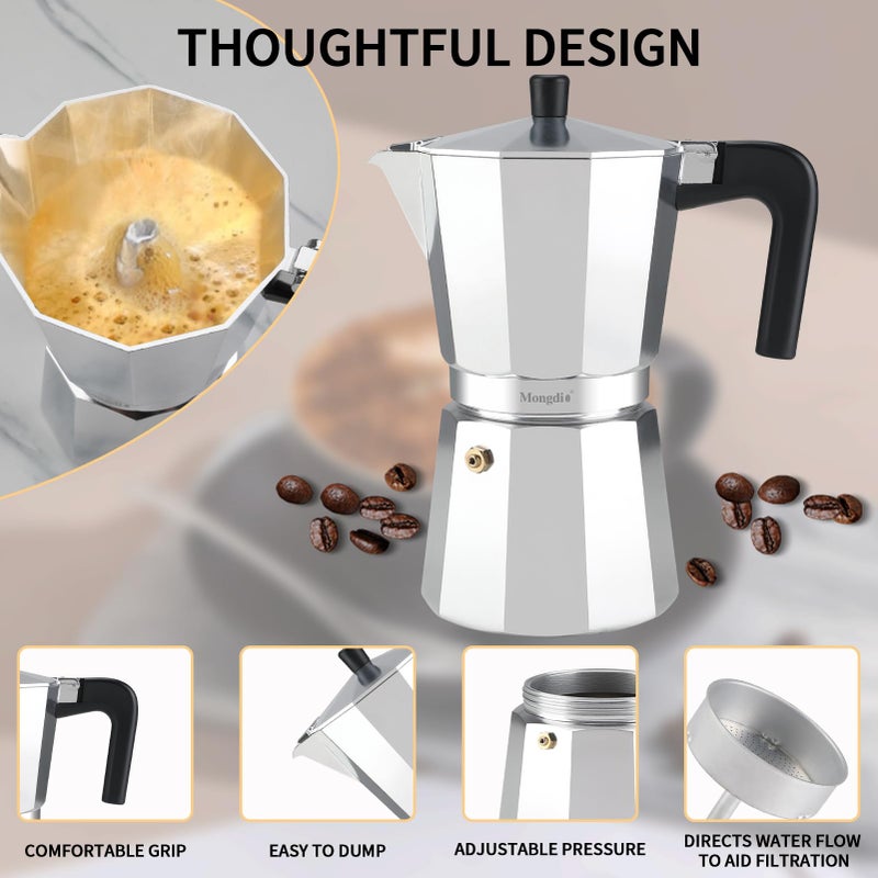 Mongdio Stovetop Espresso Maker Moka Pot, Stove Top Cuban Coffee Maker, Italian Greca Mocha Pot, 6 Espresso Cups, 10 oz - Silver - Image 5