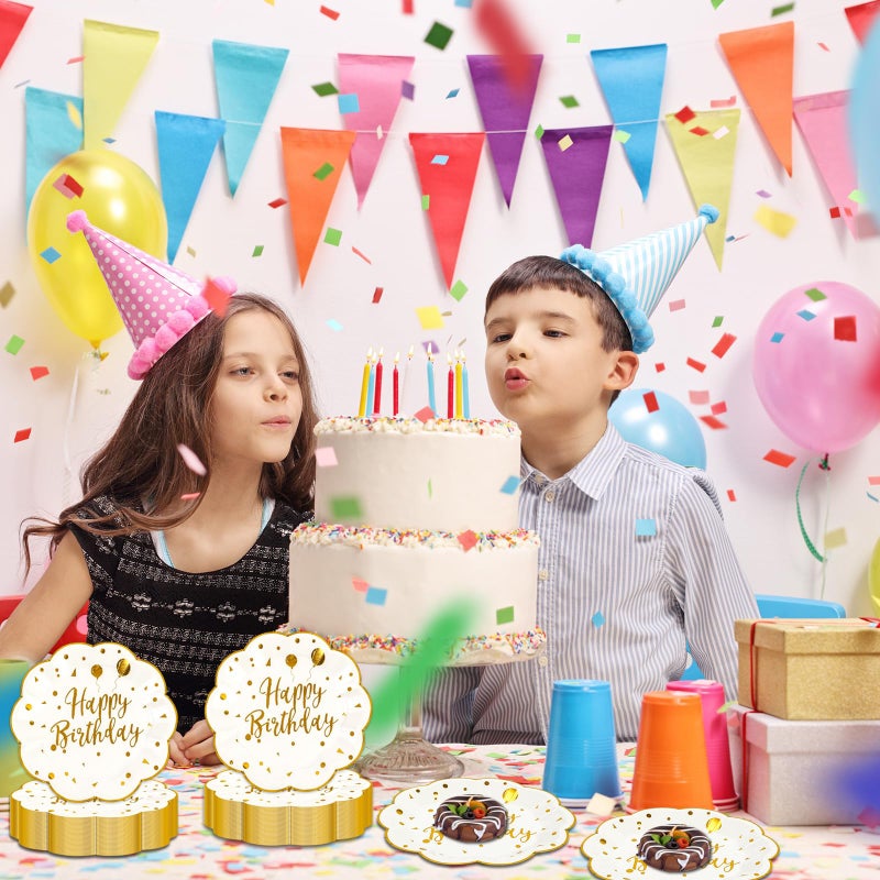 LDFDRT 7inch White and Gold Happy Birthday Paper Plates 50 pcs Party Decorations Cake Dessert Plates Disposable Dinnerware Tableware for Birthday Party Supplies - Image 2