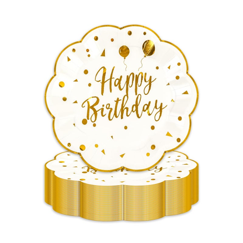LDFDRT 7inch White and Gold Happy Birthday Paper Plates 50 pcs Party Decorations Cake Dessert Plates Disposable Dinnerware Tableware for Birthday Party Supplies - Image 1