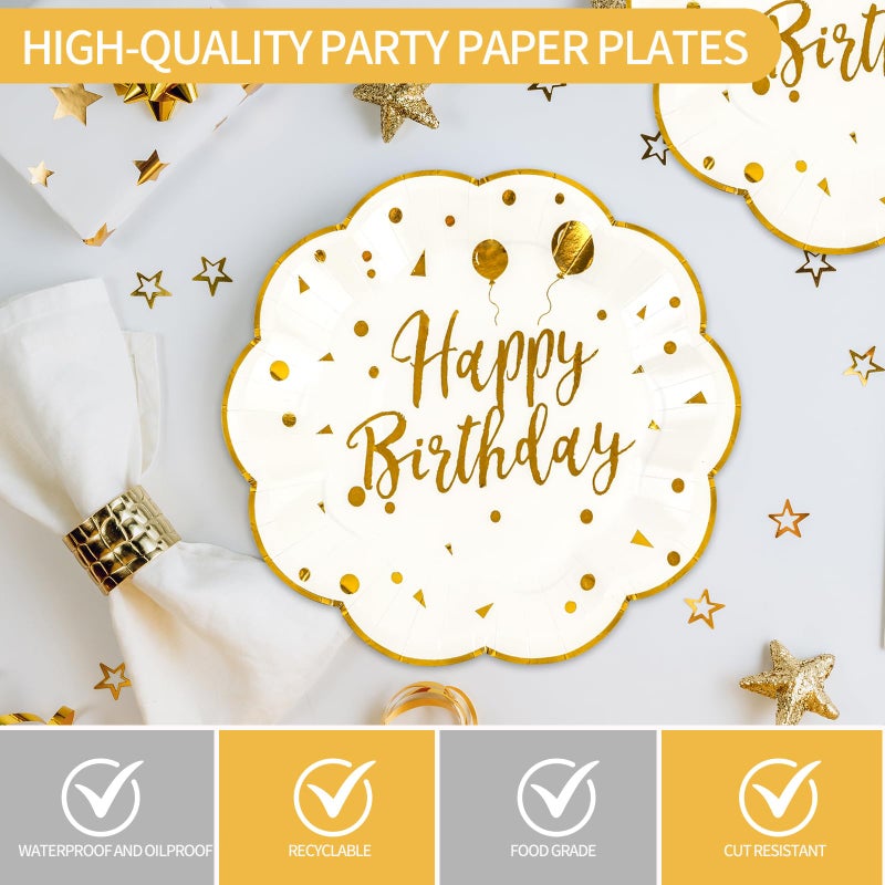 LDFDRT 7inch White and Gold Happy Birthday Paper Plates 50 pcs Party Decorations Cake Dessert Plates Disposable Dinnerware Tableware for Birthday Party Supplies - Image 5