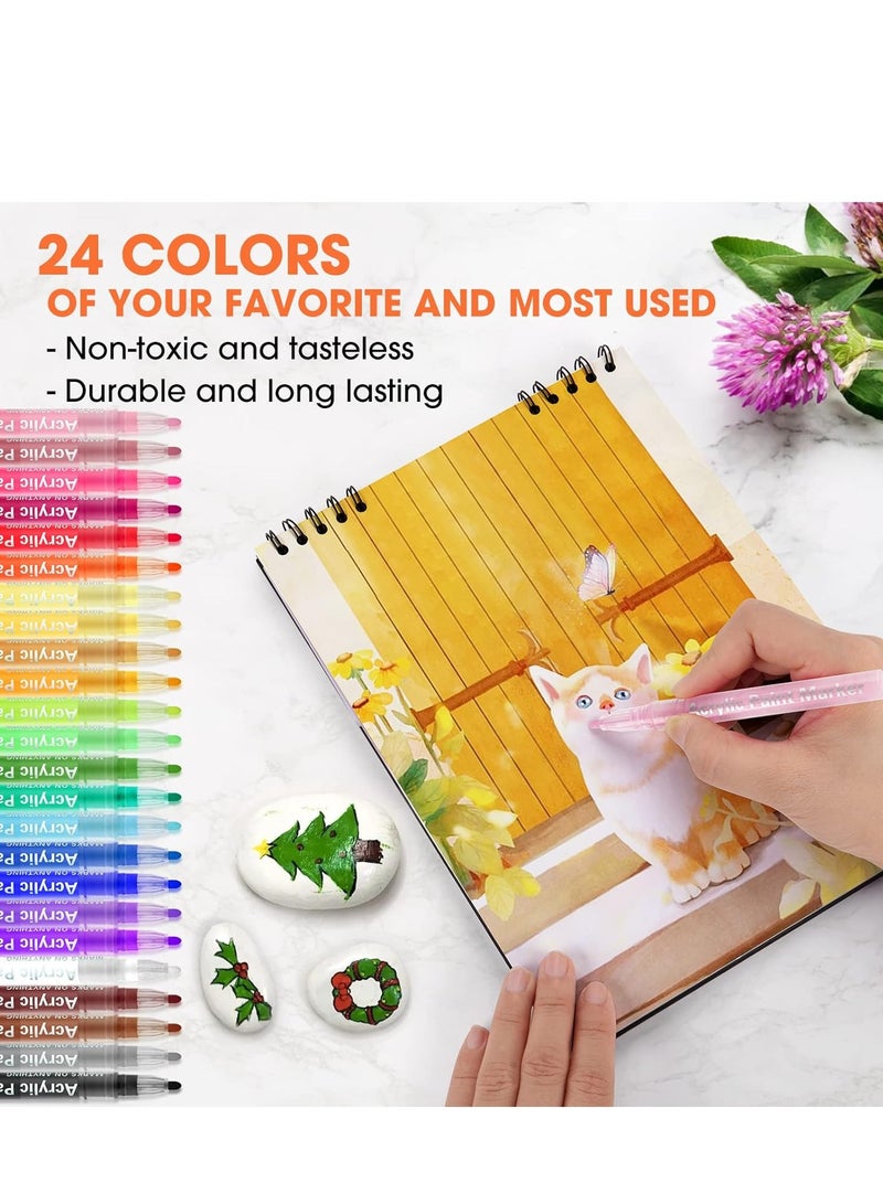 Generic 24 Color Acrylic Paint Markers Waterproof Paint Pens for Rock Painting Graffiti Stone Ceramic Glass Wood Fabric Canvas Porcelain Metal Water Based Quick Dry Non-Toxic 2mm  - Image 2