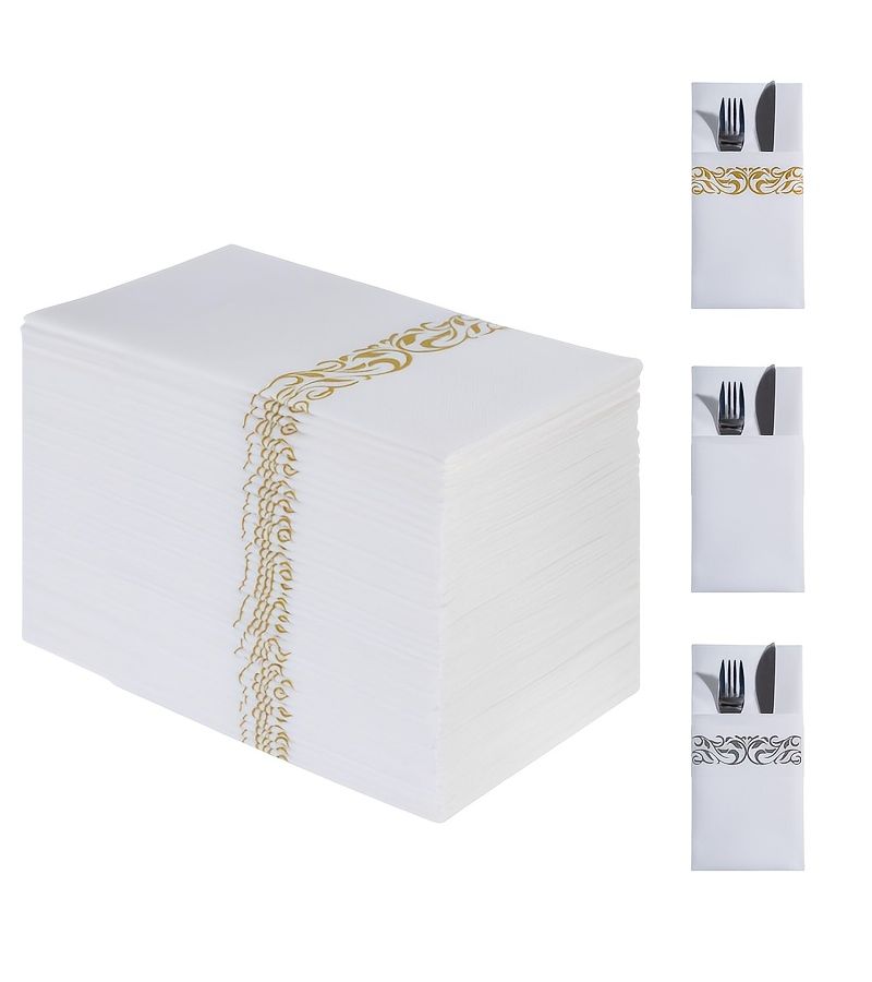 Golden Disposable Floral Pattern Pocket Napkins Linen Like Thickened Tissues With Built In Cutlery Pockets 25 Count Folded Fork And Knife Pack For Banquets Weddings Christmas Birthdays - Image 2