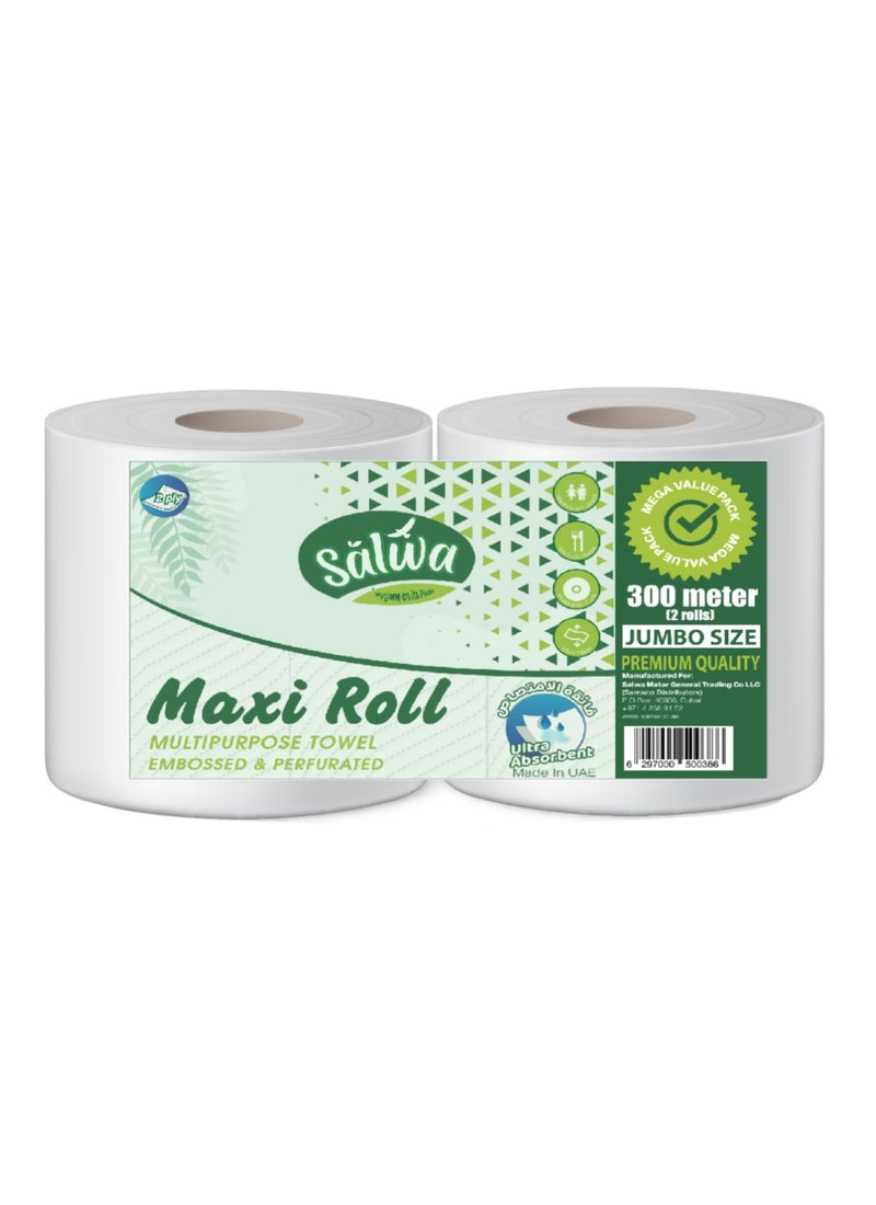 Salwa Maxi Kitchen Roll Twin Pack of 2, 1000+ Sheets, 2-Ply Tissue 2 Rolls