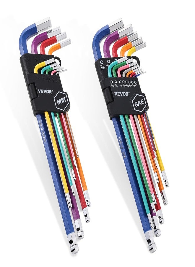 VEVOR Hex Key Allen Wrench Set, 22 pcs SAE (0.050-3/8 in) and Metric (1.5-10 mm), Color Coding Allen Wrenches Sets with Ball End, Long Arm L-Shaped Hex Key for Bicycle, Household, Automobile Repair - Image 1