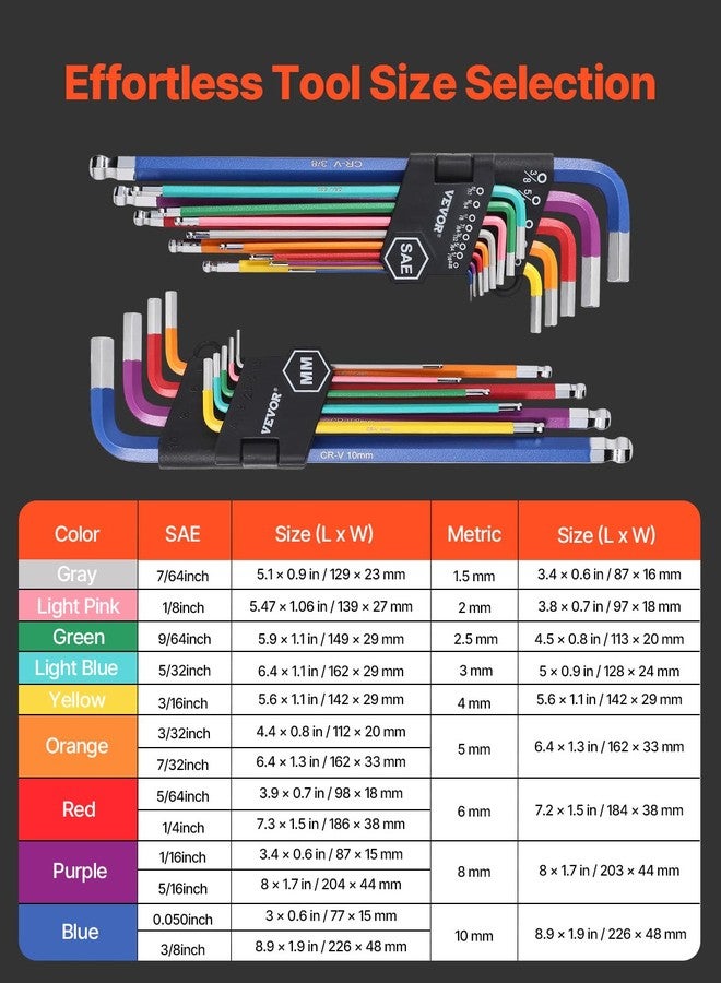 VEVOR Hex Key Allen Wrench Set, 22 pcs SAE (0.050-3/8 in) and Metric (1.5-10 mm), Color Coding Allen Wrenches Sets with Ball End, Long Arm L-Shaped Hex Key for Bicycle, Household, Automobile Repair - Image 2