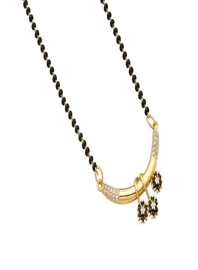 VIEN Gold Plated Mangalsutra for Women | Lightweight CZ Stone Black Beads Necklace | Trendy Floral Pendant Mangalsutra for Girls | Traditional Wedding & Everyday Jewellery - Image 1