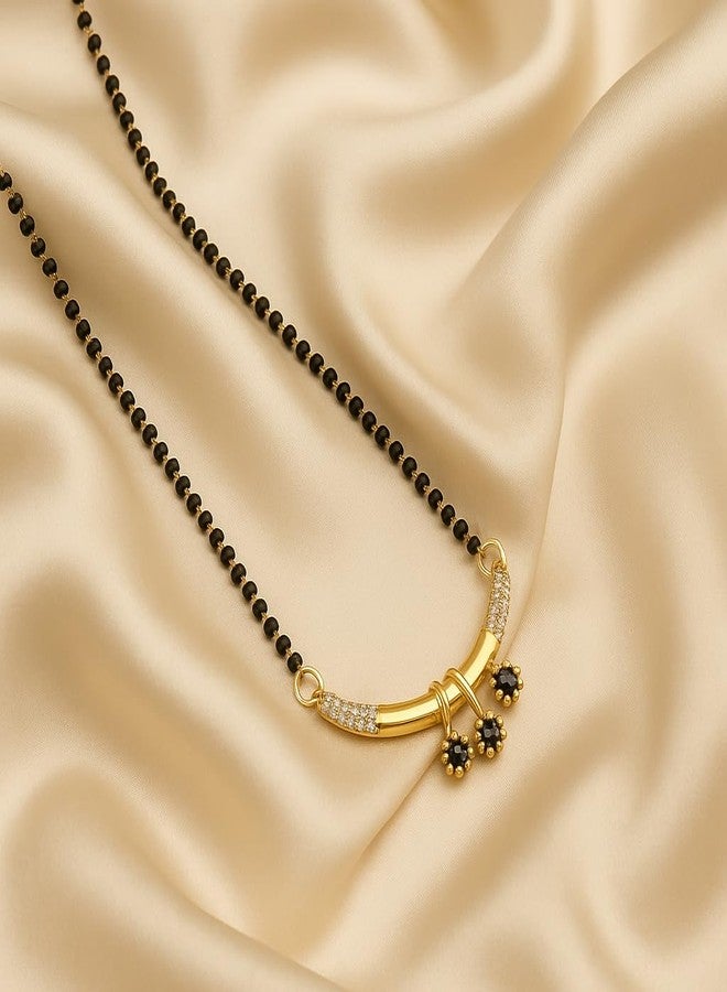 VIEN Gold Plated Mangalsutra for Women | Lightweight CZ Stone Black Beads Necklace | Trendy Floral Pendant Mangalsutra for Girls | Traditional Wedding & Everyday Jewellery - Image 3