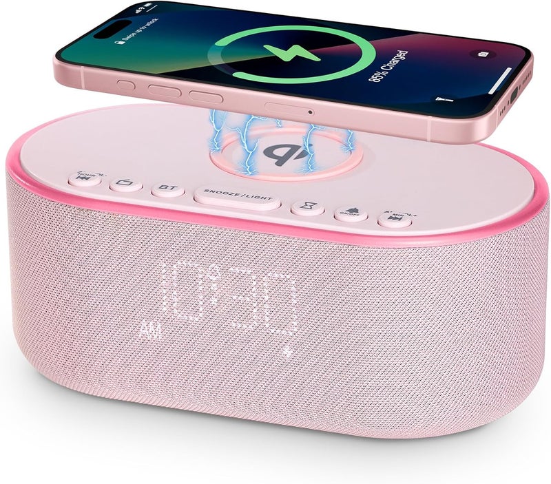 Odokee Wireless Charging Alarm Clock Radio: Qi Certified Fast Wireless Charger for iPhone Samsung - 10W Stereo Bluetooth Speaker - Dimmable Digital Clock with FM Radio for Bedroom Pink - Image 1