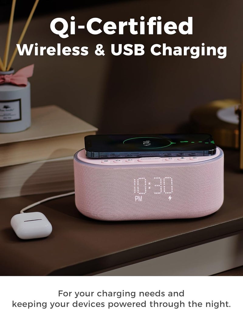 Odokee Wireless Charging Alarm Clock Radio: Qi Certified Fast Wireless Charger for iPhone Samsung - 10W Stereo Bluetooth Speaker - Dimmable Digital Clock with FM Radio for Bedroom Pink - Image 3