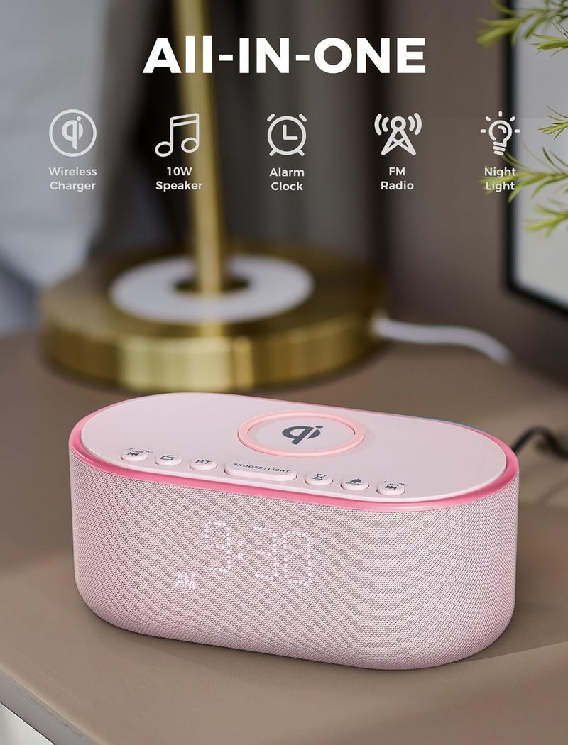 Odokee Wireless Charging Alarm Clock Radio: Qi Certified Fast Wireless Charger for iPhone Samsung - 10W Stereo Bluetooth Speaker - Dimmable Digital Clock with FM Radio for Bedroom Pink - Image 2