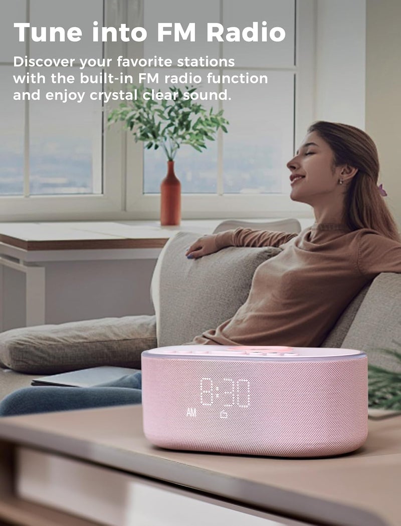 Odokee Wireless Charging Alarm Clock Radio: Qi Certified Fast Wireless Charger for iPhone Samsung - 10W Stereo Bluetooth Speaker - Dimmable Digital Clock with FM Radio for Bedroom Pink - Image 5