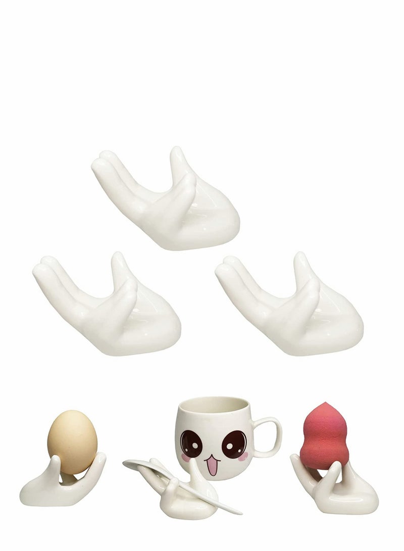 Creative Ceramic Air Plant Holder - 3 Pcs Hand Shape Stand for Office Desk, Unique Egg Cup Display Pot, Ocarina Support, White  - Image 3