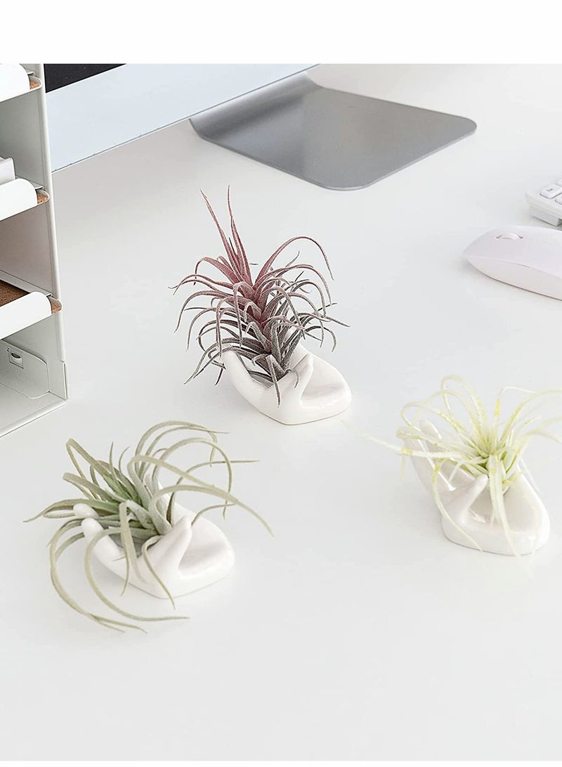 Creative Ceramic Air Plant Holder - 3 Pcs Hand Shape Stand for Office Desk, Unique Egg Cup Display Pot, Ocarina Support, White  - Image 4