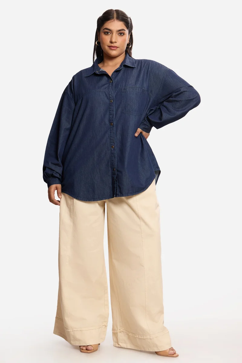 فيرجيو Solid Cotton Relaxed Denim Plus Size Shirt for Women