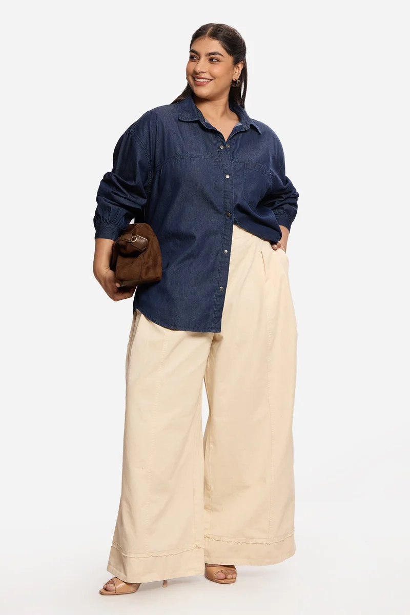 Virgio  Solid Cotton Relaxed Denim Plus Size Shirt for Women for Women | Best Price UAE