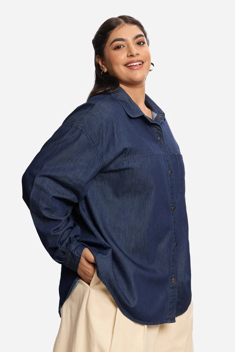 Virgio  Solid Cotton Relaxed Denim Plus Size Shirt for Women for Women | Best Price UAE