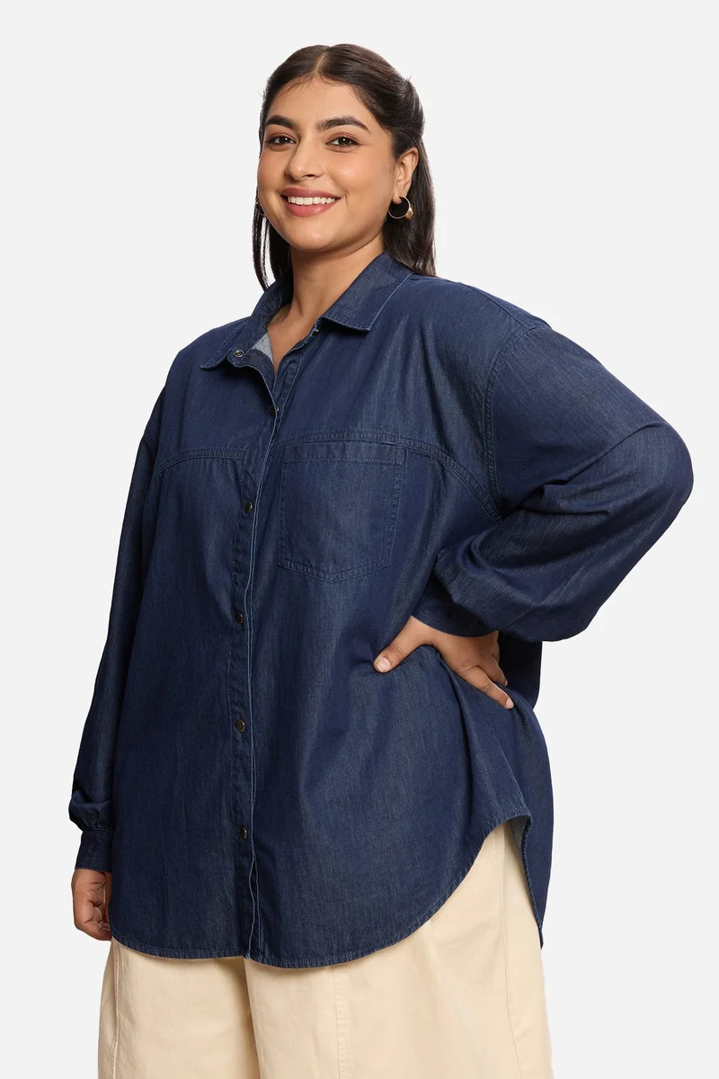 Virgio Solid Cotton Relaxed Denim Plus Size Shirt for Women