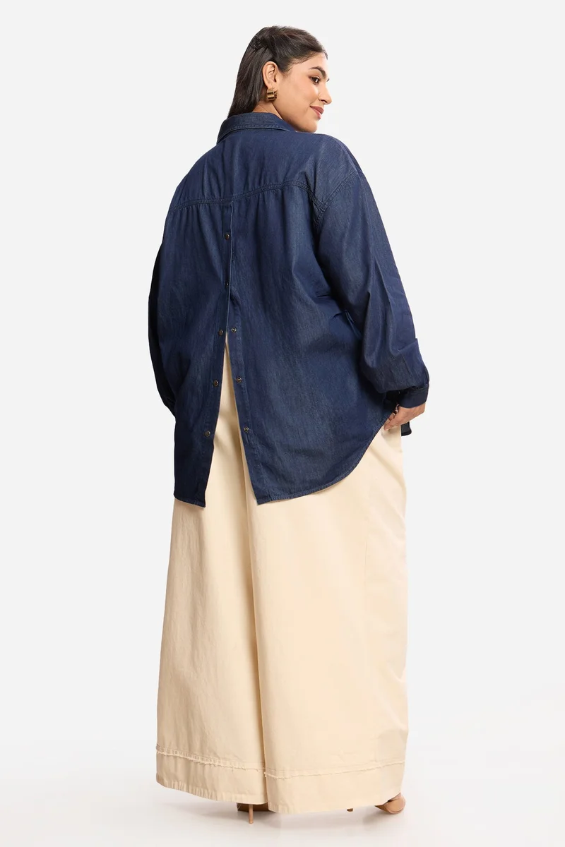 Virgio  Solid Cotton Relaxed Denim Plus Size Shirt for Women for Women | Best Price UAE