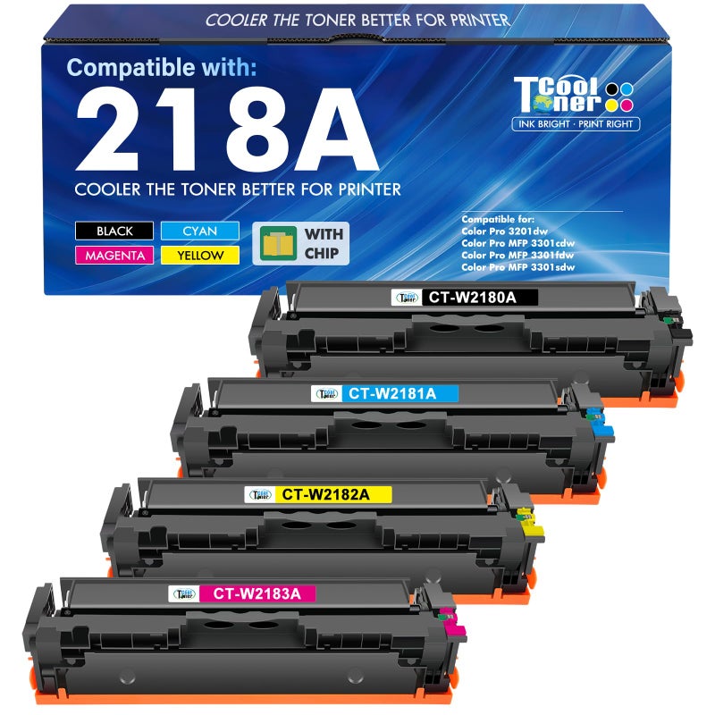 Cool Toner خراطيش حبر 218A عبوة 4 3301fdw 3301 218 متوافقة مع HP 218A 218X طابعة ليزر ملونة Pro MFP 3301cdw 3201dw 3301sdw مجموعة حبر عالية الإنتاج W2180A مع شريحة (أسود أزرق سماوي أصفر أرجواني)  - Image 1
