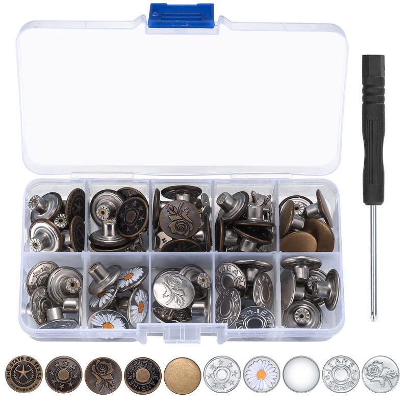 HexinYigjly 50 Pcs Jean Buttons Replacement Kit 17mm Metal Snap Denim Buttons for Pants Jeans Suspenders 10 Styles