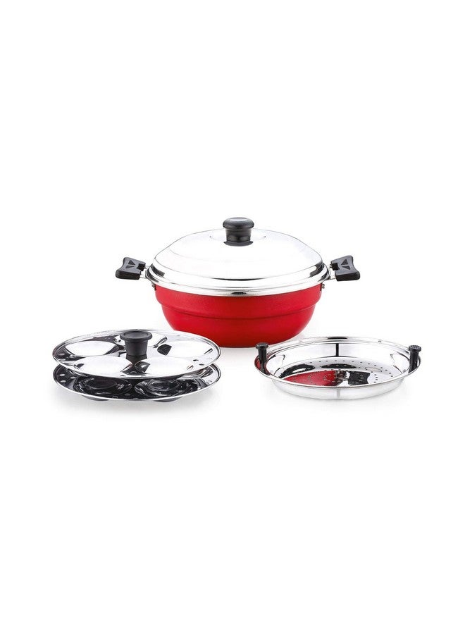 SOWBAGHYA Non Stick Induction Base Multi Kadai (2 Idli Plates + 1 Steamer Plate) (Dia: 250mm) (Thickness: 3mm) (3Ltr) | All-in-One Idli Cooker Multi Kadhai Steamer | Aluminium, 3 Liter - Image 1
