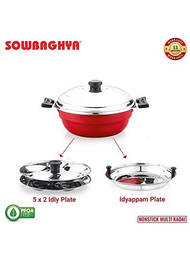 SOWBAGHYA Non Stick Induction Base Multi Kadai (2 Idli Plates + 1 Steamer Plate) (Dia: 250mm) (Thickness: 3mm) (3Ltr) | All-in-One Idli Cooker Multi Kadhai Steamer | Aluminium, 3 Liter - Image 2