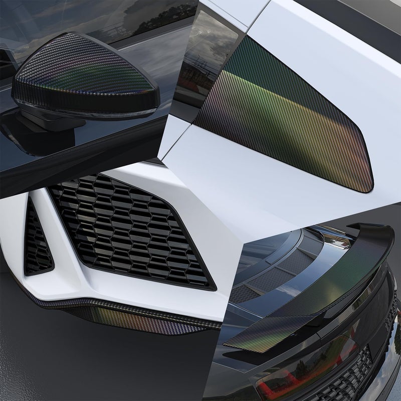 Foneso 2D Holographic Carbon Fiber Vinyl Wrap, Foneso High Gloss Black Chrome Wrapping Film with Air Release Technology Auto Car Sticker Decal Sheet, Self Adhesive DIY Paint Replacement Wrap Roll 1ft x 10ft - Image 3