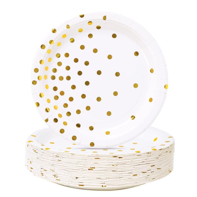 WHITE AND GOLD PARTY SUPPLIES GOLD DOT PAPER DESSERT PLATES 50COUNT