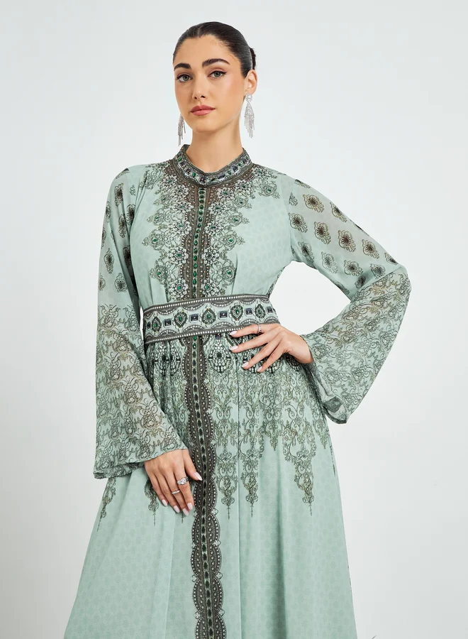 Amirah Green Printed Flare Sleeve Jalabiya with Inner Dress