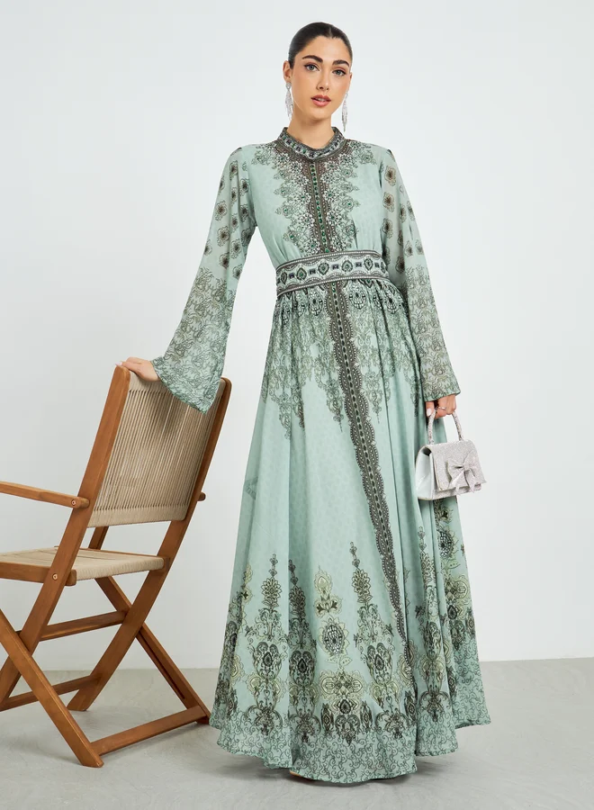 Amirah Green Printed Flare Sleeve Jalabiya with Inner Dress