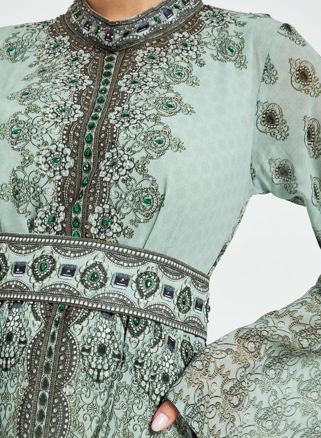أميرة جلابية طويلة بطبعة وأكمام واسعة مع فستان داخلي - Image 4