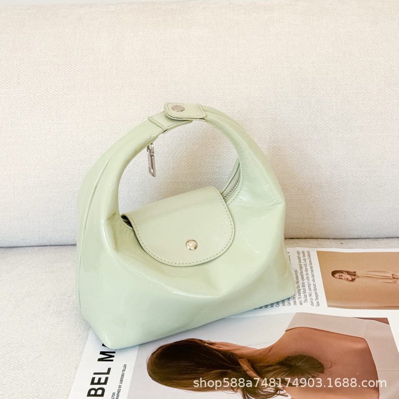 Top Layer Cowhide Lunch Box Bag Hand Carrying Small Bag Womens High-Level Niche Design Cloud Bag All-Match Crossbody Bag Dumpling Bag Light green with long shoulder strap, first layer cowhide, ready stock 