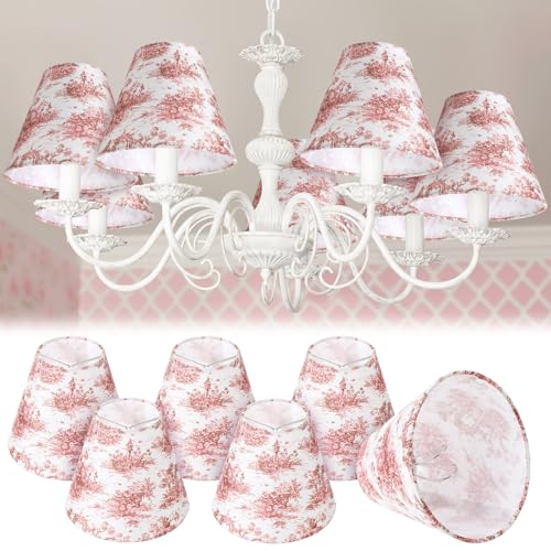 VIHOSE 6 Pcs Chandelier Lamp Shades Small Lamp Shade 3 Top x 6 Bottom x 5 Slant French Countryside Toile Clip on Lampshade for Wall Sconces Pendant LightingFloral ArchVintage Red - Image 1