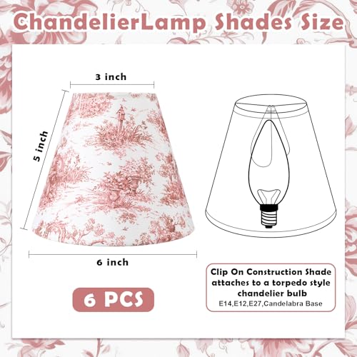 VIHOSE 6 Pcs Chandelier Lamp Shades Small Lamp Shade 3 Top x 6 Bottom x 5 Slant French Countryside Toile Clip on Lampshade for Wall Sconces Pendant LightingFloral ArchVintage Red - Image 3